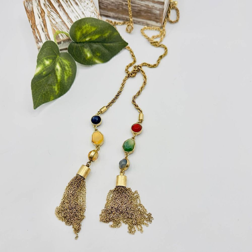 Vintage Gold Tone Open Chain Beaded Tassel Long Necklace